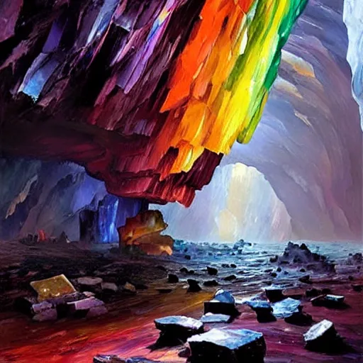 Image similar to A huge cave full of rainbow color crystals and gems on the ground, and stuck to the walls made of huge grey boulders, very dark, midnight, oil painting by Afremov and Greg Rutkowski.