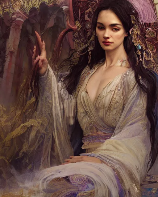 Image similar to a beautiful close up portrait of a sorceress sitting with elegant looks, flowing robe, ornate and flowing, intricate and soft by ruan jia, tom bagshaw, alphonse mucha, krenz cushart, beautiful roman architectural ruins in the background, epic sky, vray render, artstation, deviantart, pinterest, 5 0 0 px models