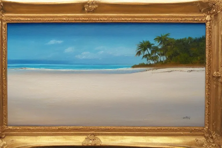 Image similar to painting of a beach, beautiful, with calm waves and sand, oil on canvas