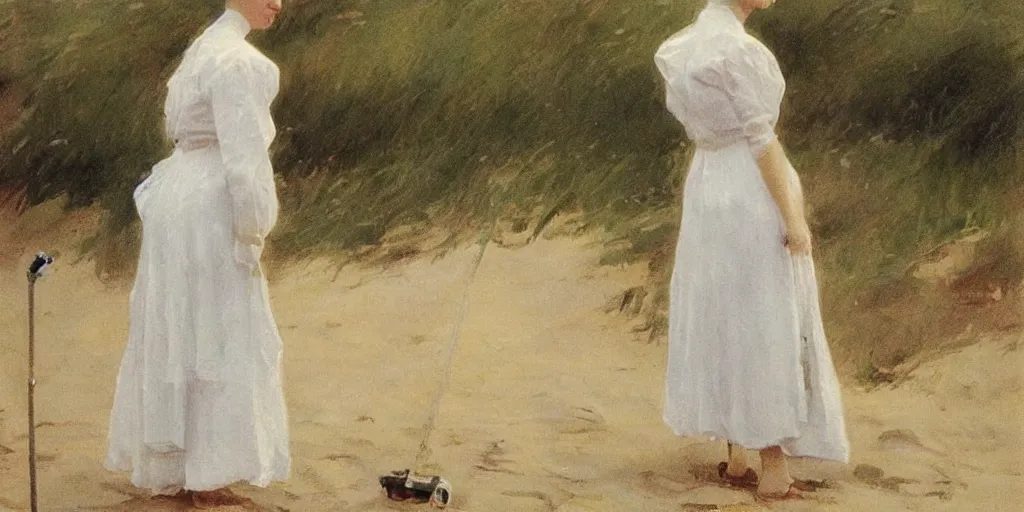 Image similar to A young Edwardian woman wearing a white dress, uses a metal detector on a beach in Sweden, in the style of Anders Zorn