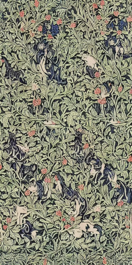 Image similar to a group of cats, happy, beautiful, style of william morris print
