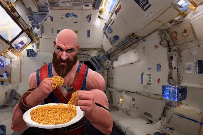 Prompt: kratos from the god of war videogame eating ramen noodles in the international space station