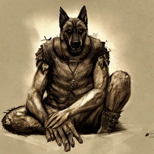 Image similar to a wounded humanoid german shepherd beast - man in military style, sitting on the carpeted floor beside a bed, highly detailed portrait, digital painting, artstation, concept art, smooth, sharp foccus ilustration, artstation