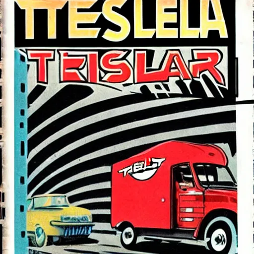 Prompt: tesla cyber truck, 1 9 6 0 s magazine art