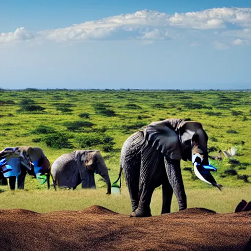 Prompt: a highly detailed panoramic photo by annie leibowitz of the serengeti. in the background a small boy next to an elephant with an extremely long trunk. 8 k, super resolution