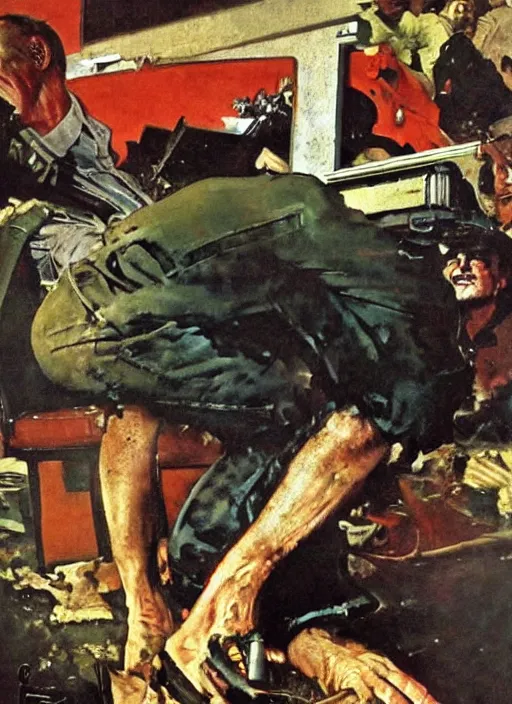 Image similar to dennis hopper crawling around on the floor, painted by norman rockwell and phil hale and rick berry and tom lovell and frank schoonover, green, dystopian