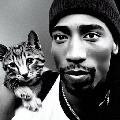 Image similar to 1 5 mm wide - angle lens photo of tupac in 1 9 9 0 new york holding a kitten up to the camera, 4 k