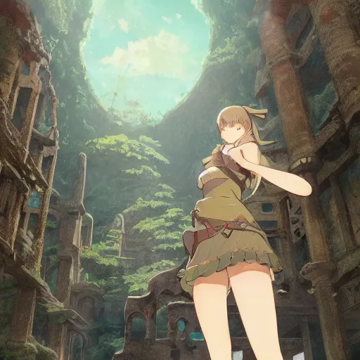 Image similar to a full body portrait of a woman emerald herald explorer exploring lost ruins, sun lighting, water, finely detailed features, perfect art, at an ancient city, gapmoe yandere grimdark, trending on pixiv fanbox, painted by greg rutkowski makoto shinkai takashi takeuchi studio ghibli,, akihiko yoshida