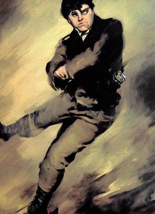 Image similar to jontron dressed as nazi painting by phil hale, francisco goya,'action lines '!!!, graphic style, visible brushstrokes, motion blur, blurry, hd image