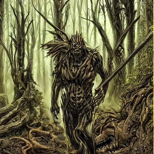 Image similar to sci - fi monster hunters, walking in a flesh and bones forest, hyperdetailed, art liam sharp