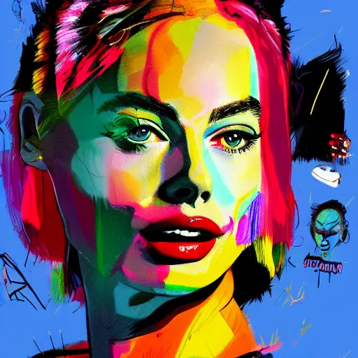 Prompt: colorful sketch, ultra detailed, fashion, magic, beautiful woman, similar to margot robbie flies into space, surreal, in style of jean - michel basquiat, trending on artstation