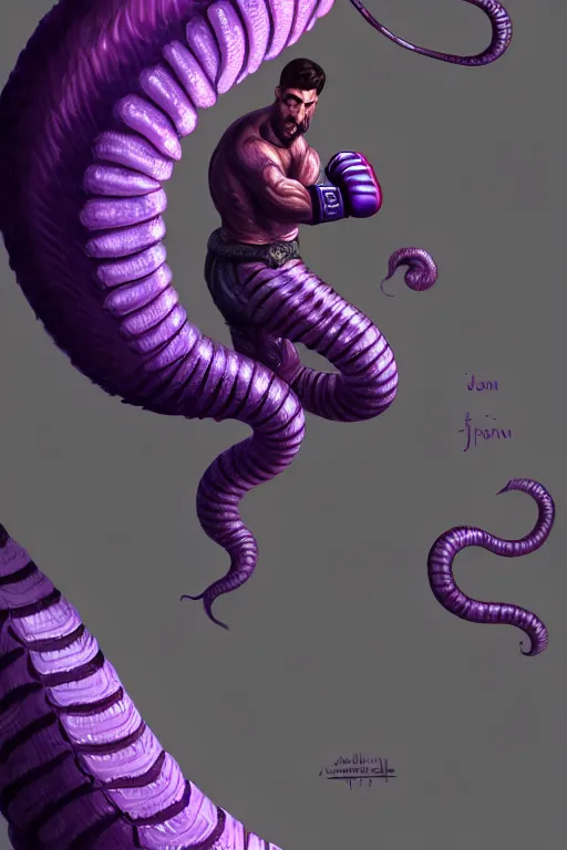 Prompt: male fighter, a giant purple worm is visible in the back, fantasy, intricate, elegant, highly detailed, digital painting, artstation, concept art, smooth, sharp focus, illustration, art by Jovan Delic