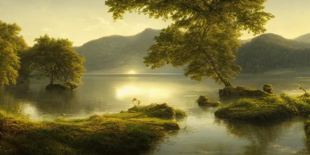 Image similar to a beautiful lake landscape in summer, by Ernest deutsch + Ted Nasmith, cinematic lighting, masterpiece, highly detailed, 8k resolution, trending on art station