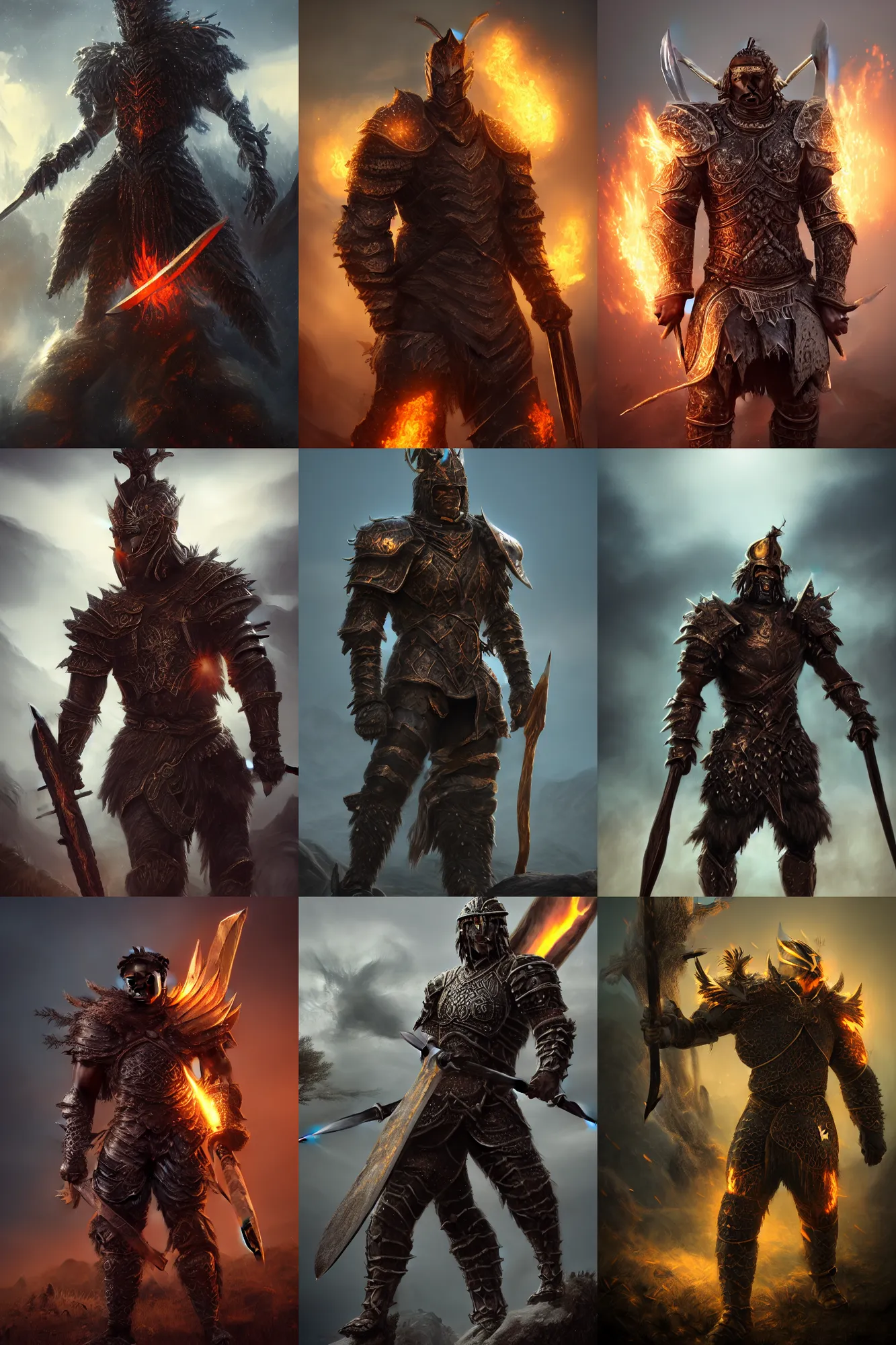 Prompt: portrait photo of a brutal melanated dark skin Warrior, wearing intricate nordic steel armor, holding magical fiery battle-axe, sharp focus, highland landscape with few trees background, magical aura, heroic pose, fantasy style, octane render, volumetric lighting, 8k high definition, highly detailed, trending on ArtStation, centered