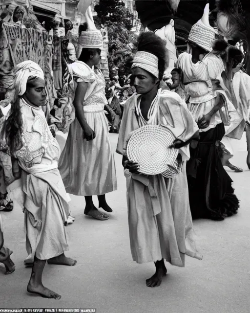 Image similar to Award winning reportage photo of Monegasque Natives with incredible hair wearing traditional garb by Garry Winogrand and Dian Arbus, 85mm ND 5, perfect lighting, gelatin silver process