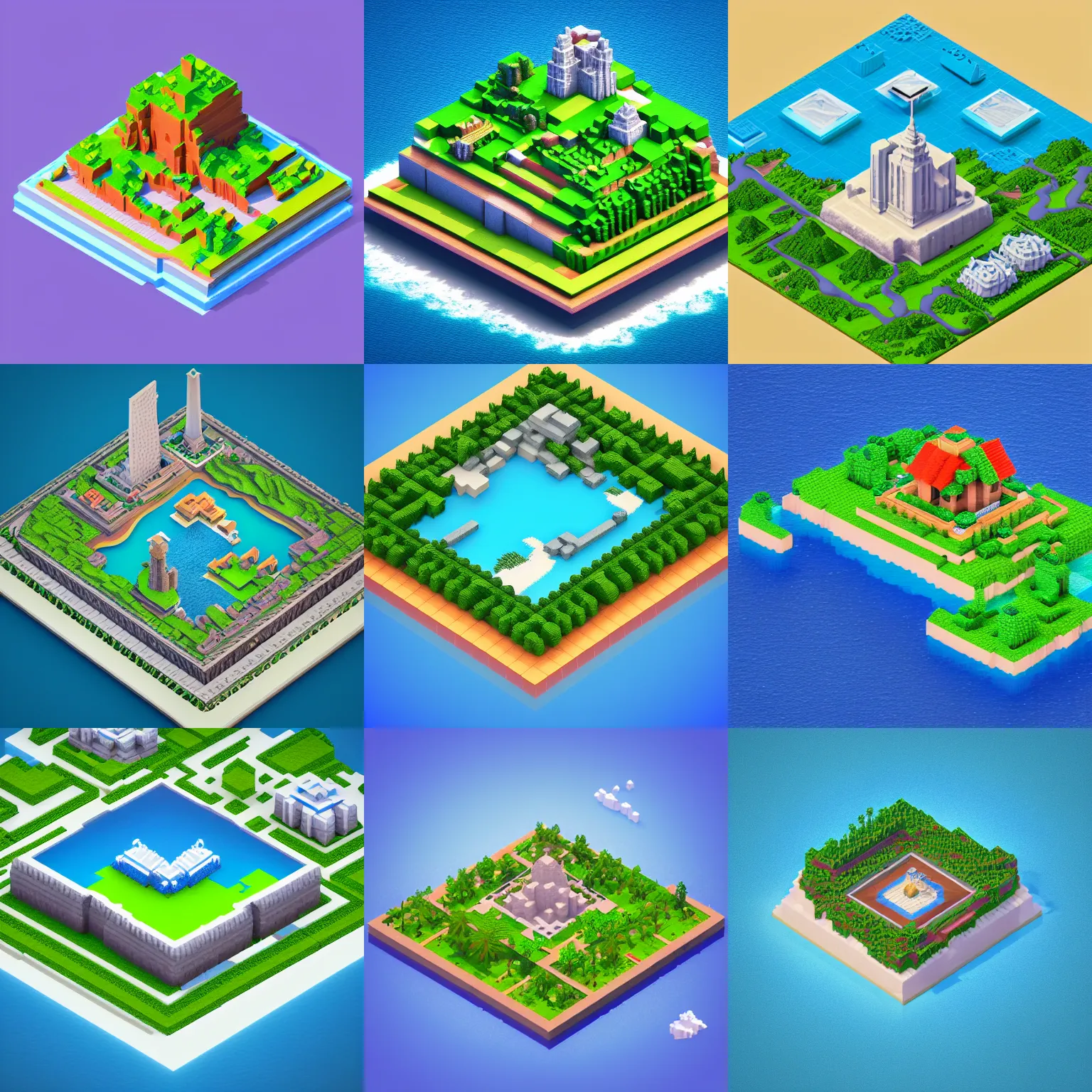 Prompt: isometric square 3d Render of voxel island with big building on the center, island is on the center of an image, on the island there is city with animals, no background, medium poly, vray render 4k