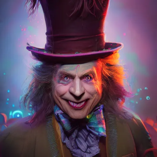 Image similar to The Mad Hatter, huggy wuggy from poppy playtime video game, fullbody, ultra high detailed, glowing lights, oil painting, Greg Rutkowski, Charlie Bowater, Beeple, unreal 5, DAZ, hyperrealistic, octane render, RPG portrait, dynamic lighting, fantasy art, beautiful face