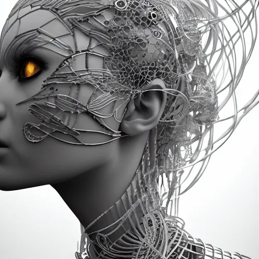 Image similar to closeup portrait of an absurdly beautiful, graceful, sophisticated, fashionable cyberpunk mechanoid gravure idol, an ultrafine hyperdetailed illustration by irakli nadar, matt wisniewski style, intricate linework, porcelain skin, iridescent jellyfish headdress, fractal ivory carved ruff, unreal engine 5 highly rendered, global illumination, radiant light, detailed and intricate environment