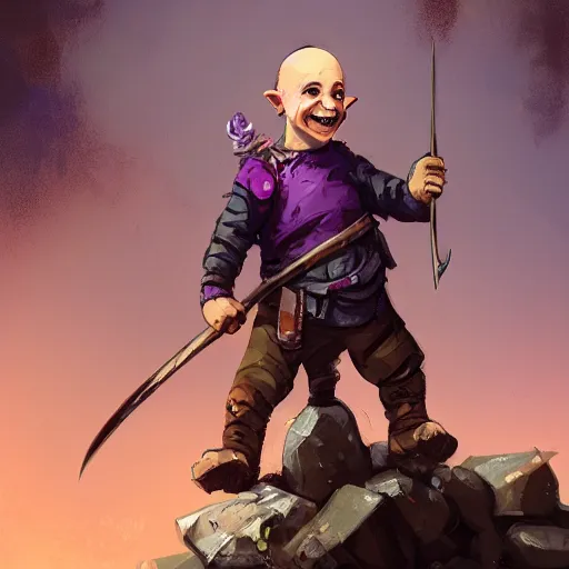 Image similar to male halfling youth adventurer with purple skin, by Ismail Inceoglu, wearing leather adventuring clothes, shabby, short, kid, bald, wielding knife, happy grin, character portrait closeup, digital art, dungeons and dragon, character