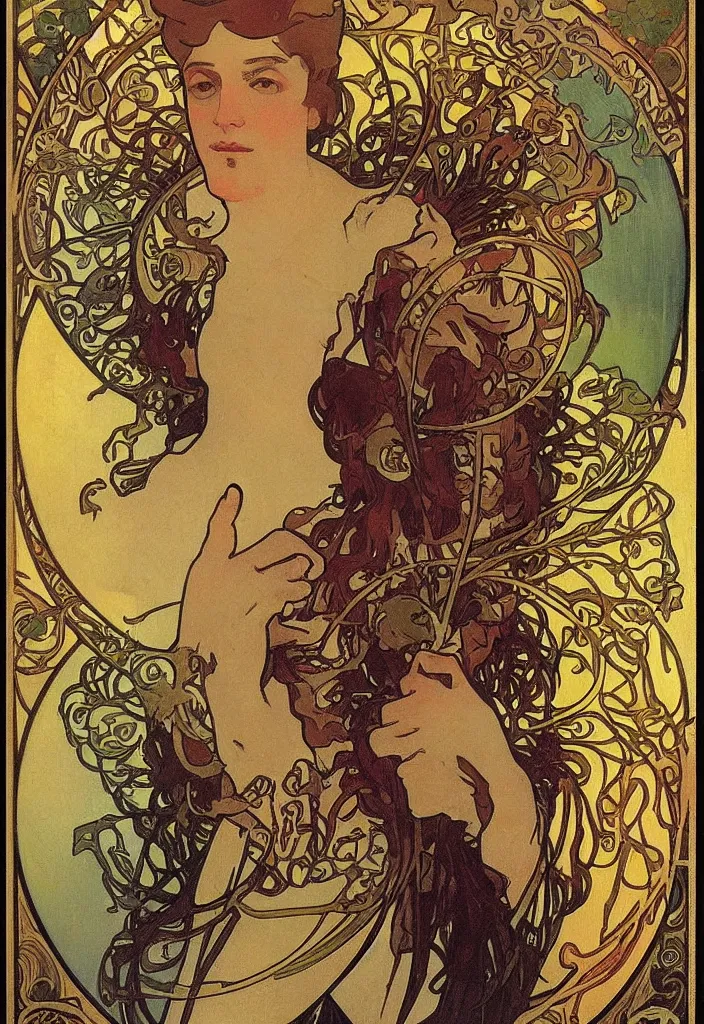 Image similar to the Fool on a tarot card, tarot in art style by Alphonse Mucha