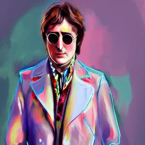 Image similar to john Lennon fashion, gucci catwalk, oil painting, digital art, ultradetailed, artstation