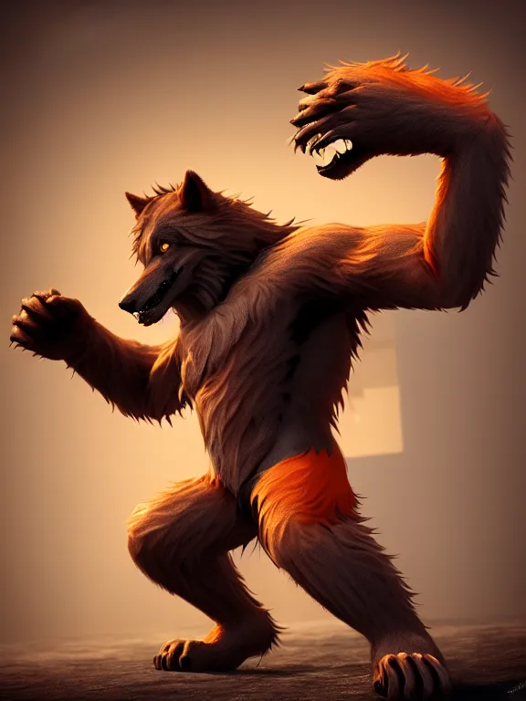 Image similar to cute handsome cuddly werewolf from van helsing unreal engine hyperreallistic render 8k character concept art masterpiece orange