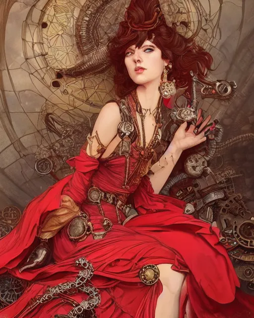 Prompt: Portrait of a steampunk Goddess, a red dragonlet, intricate dress, wide angle, intricate, elegant, overdetailed, professional digital painting, artstation, concept art, smooth, sharp focus, 8K, art by artgerm and greg rutkowski and alphonse mucha and loish and WLOP
