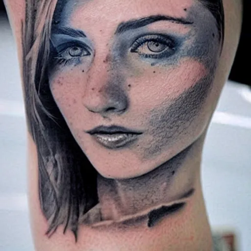 Image similar to realistic tattoo sketch of kate kuray face double exposure effect with a mountain scenery, in the style of matteo pasqualin, amazing detail, sharp
