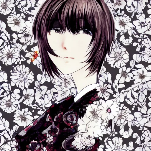 Image similar to realistic illustration of an anime girl with short white hair and black eyes wearing tuxedo in the style of yoshitaka amano, floral black and white patterns on the background, noisy film grain effect, highly detailed, Renaissance oil painting