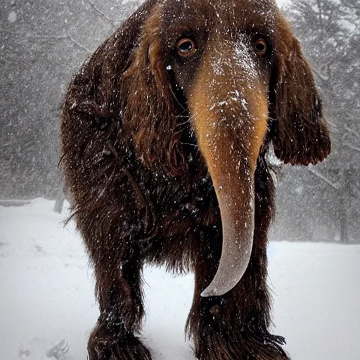 Image similar to Giant woolly dachshund with mammoth tusks, in the middle of a snow storm