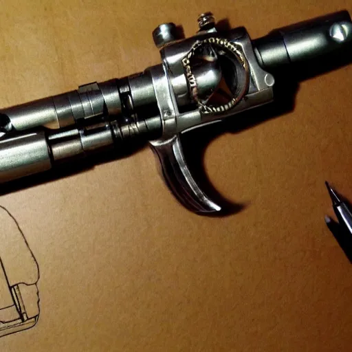 Prompt: technical drawing a steampunk revolver