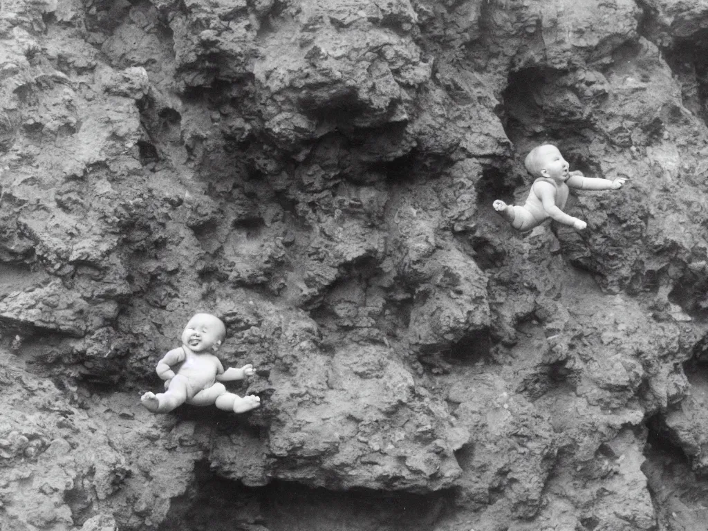 Image similar to a baby diving off a cliff, applauding onlookers