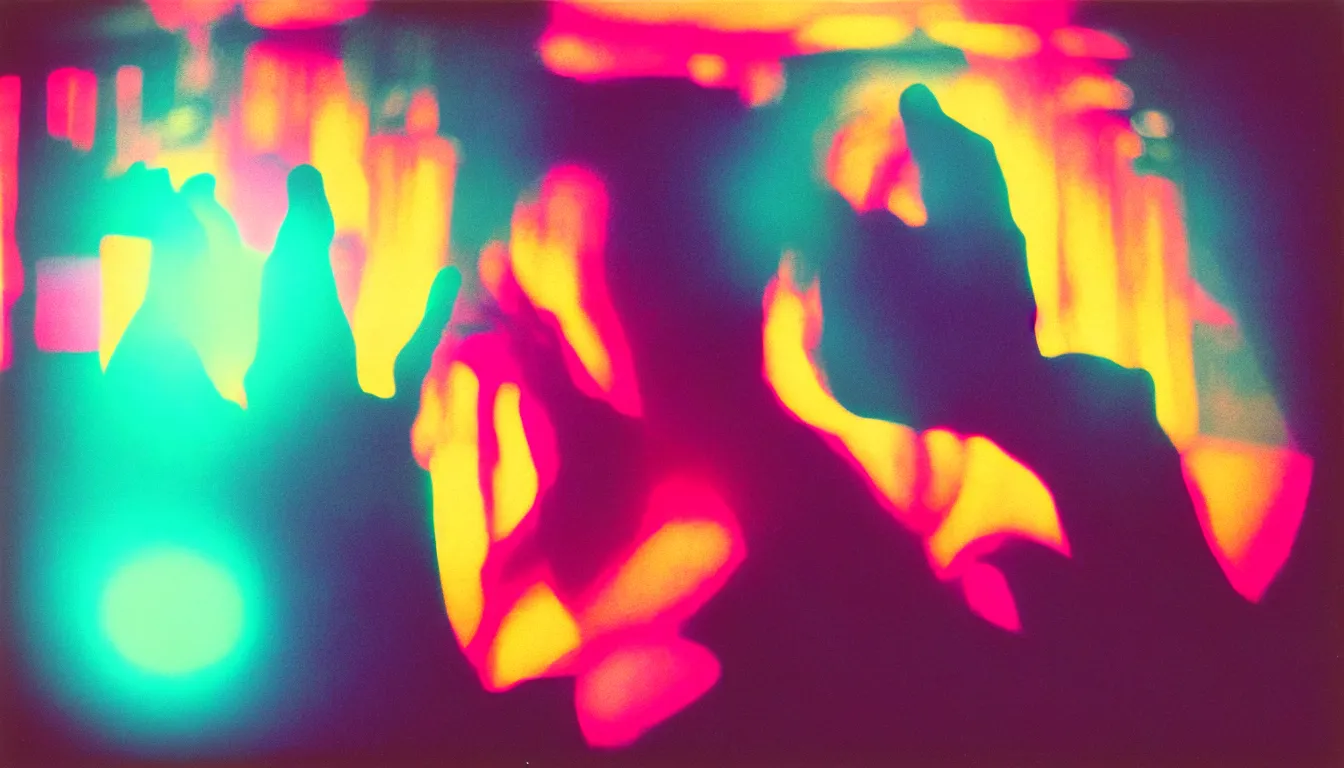 Image similar to colorful instant photograph of a woman blocking the camera with her hand, polaroid, light leak, raw, nostalgic