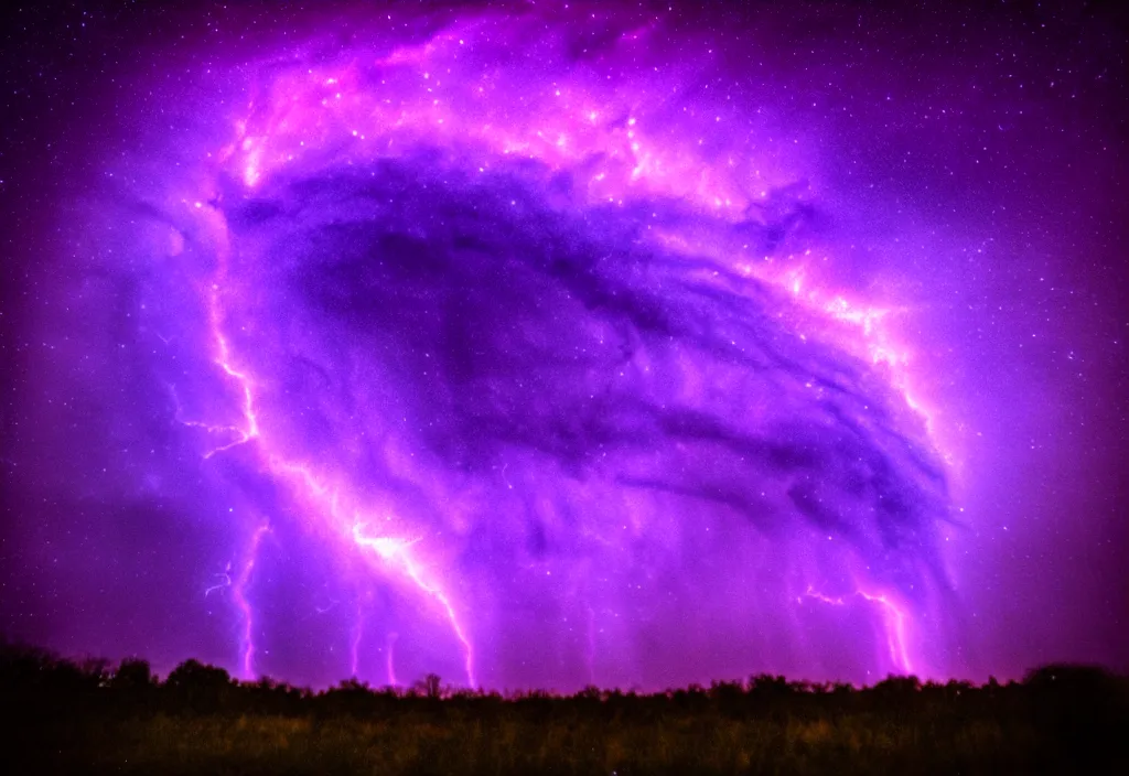 Image similar to purple color lighting storm tornado trippy nebula sky