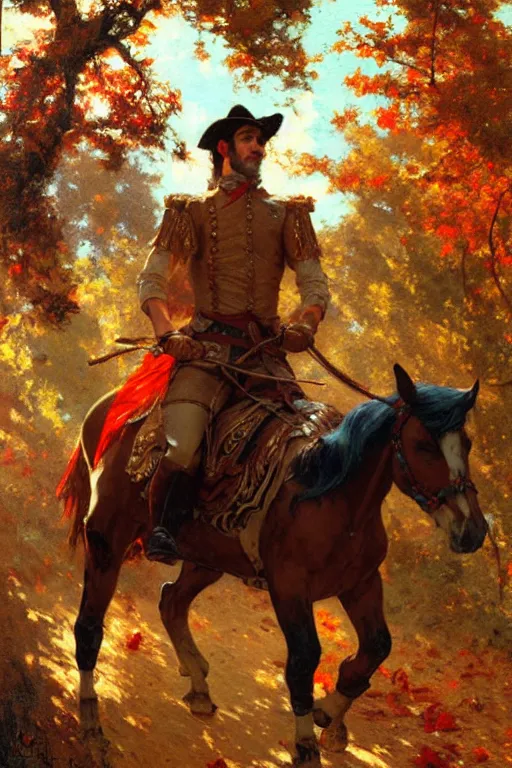 Image similar to attractive man riding a horse in the woods with falling red leaves, painting by gaston bussiere, craig mullins, j. c. leyendecker, ghibli style