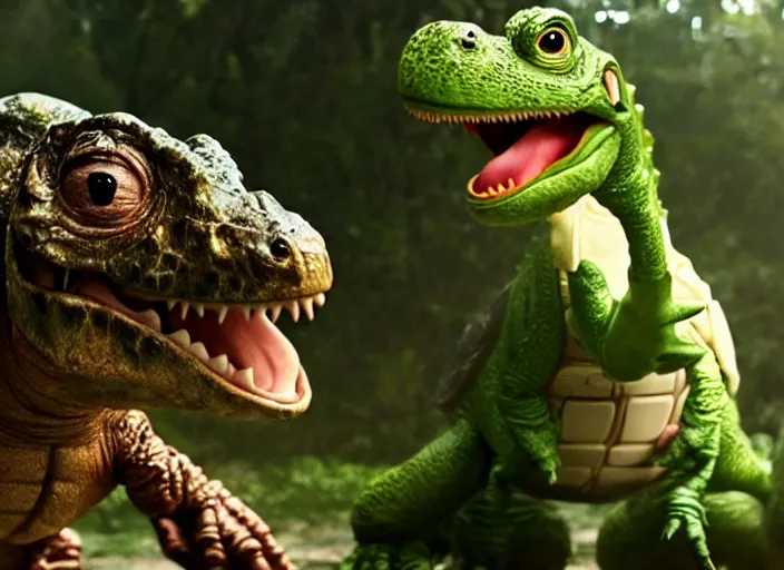 Image similar to film still of yoshi in the new sci - fi movie, cute upright dinosaur with a small turtle shell and long tongue, 8 k