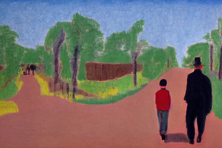 Image similar to a very tall man named John with dark hair holding the hands of a short young boy named Alex with dark hair as they walk down a suburban highway on a bright beautiful colorful day. part in the style of an edgar degas painting. part in the style of david hockney