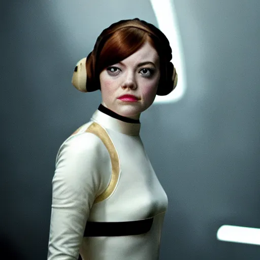 Image similar to Emma Stone as Princess Leia from Star Wars, movie scene
