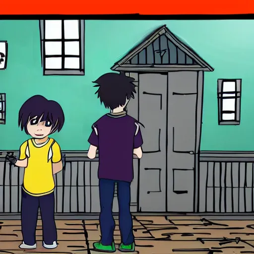 Image similar to two boys explore a haunted school at night, anime, animated
