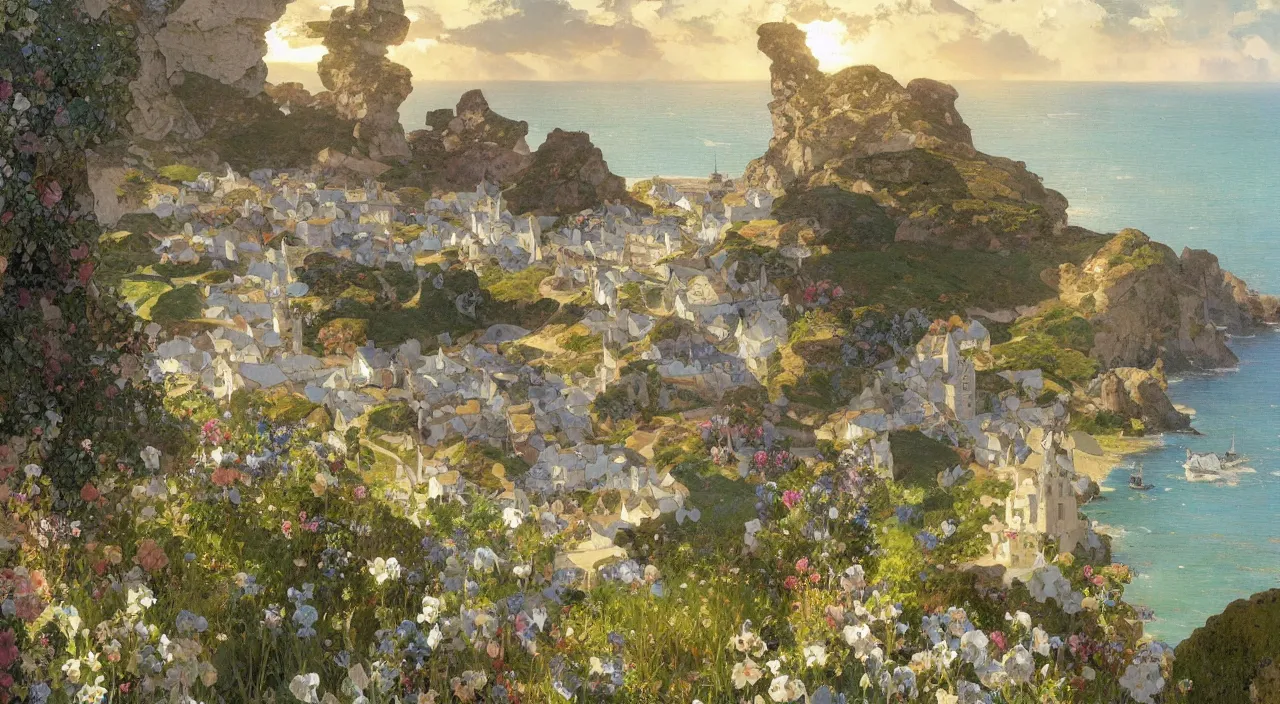 Image similar to A beautiful landscape painting of a small cornish village by the sea and cliffs by Alfons Maria Mucha and Julie Dillon and Makoto Shinkai