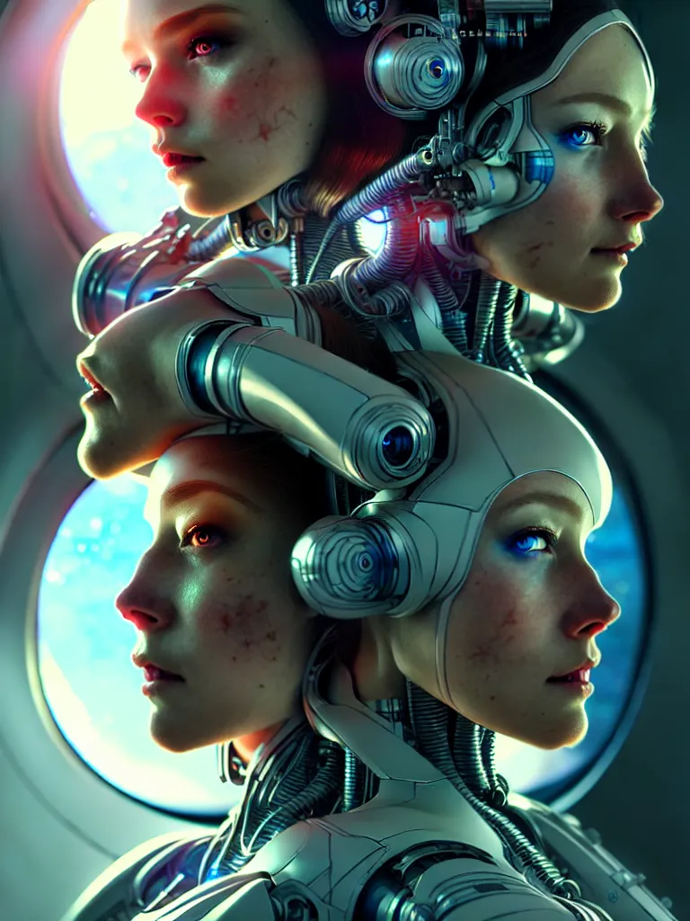 Image similar to ultra realistic, beautiful female cyborg in a space capsule, sci-fi, cyberpunk, concept art, intricate details, eerie, highly detailed, octane render, 8k, art by artgerm and alphonse mucha and moebius