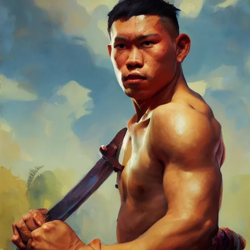 Image similar to greg manchess portrait filipino fighter struck in chestplate with a sword, organic painting, sunny day, matte painting, bold shapes, hard edges, street art, trending on artstation, by huang guangjian, gil elvgren, ruan jia, randy vargas, greg rutkowski