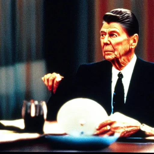 Prompt: “a still of Ronald Reagan playing Catherine Tramell in Basic Instinct (1992)”