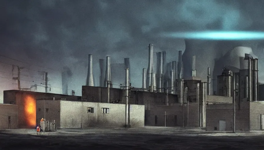 Image similar to Outside a Factory, Glowing Nuclear Waste Fluids Gush out of a Nuclear Facility, Dystopian, Hyperrealistic Rendering, Cinematic Lighting, High Contrast