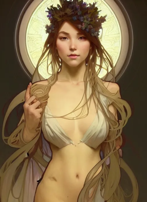 Image similar to digital character concept art by artgerm and greg rutkowski and alphonse mucha. clear portrait of a completely clothed modern young wife blessed by god to uncontrollably become overwhelmingly perfect!! blonde, obviously full - figured holy body!! light effect. hyper detailed, glowing lights!! intricate, elegant, digital painting, artstation, smooth, sharp focus