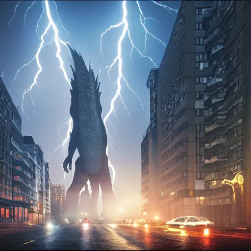 Image similar to 8 k hd detailed octane render of a kaiju in city in a thunderstorm