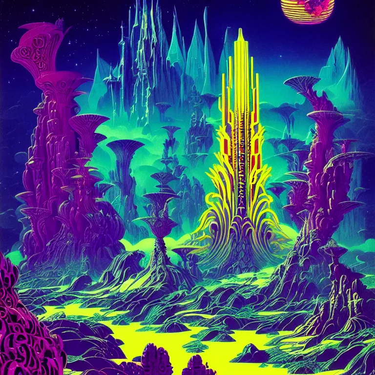 Image similar to mysterious rocket hovers over mythical crystal temple, psychedelic waves, synthwave, bright neon colors, highly detailed, cinematic, eyvind earle, tim white, philippe druillet, roger dean, ernst haeckel, lisa frank, aubrey beardsley