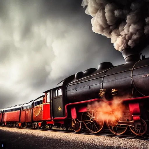 Image similar to the hogwarts express jacobite steam train, the train is coming at the camera, behind the train is a epicly lit cloud, loads of steam, dramatic light, night scene, greg rutkowski, zabrocki, karlkka, jayison devadas, trending on artstation, 8 k, ultra wide angle, zenith view, pincushion lens effect