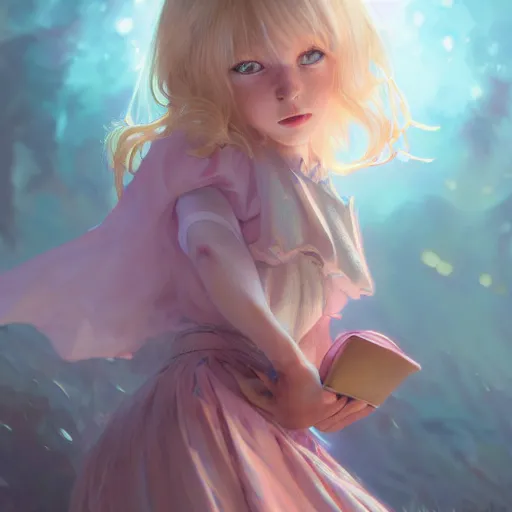 Image similar to a photorealistic dramatic fantasy render of adorable young girl with blonde hair and blue eyes, in pink mini skirt, by wlop, artgerm, greg rutkowski, alphonse mucha, beautiful dynamic dramatic dark moody lighting, shadows, cinematic atmosphere, artstation, concept design art, octane render, 8 k