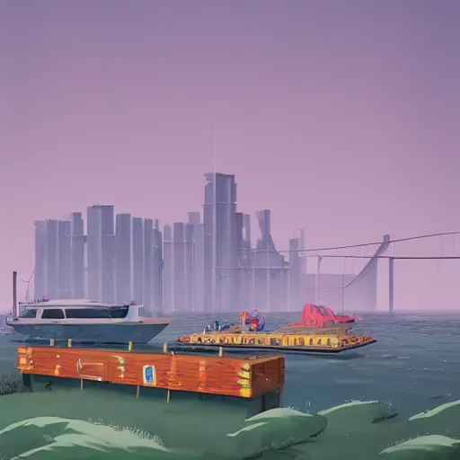 Image similar to yachting club by simon stalenhag